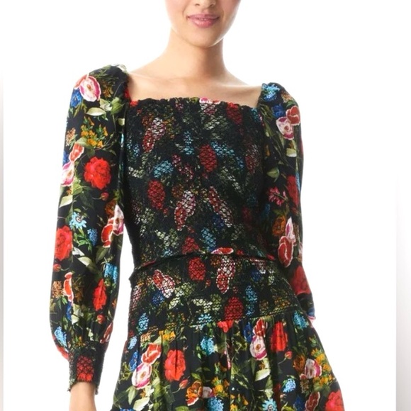 Alice + Olivia sz M Smocked Cooper Top Wild and Free Floral Puff Sleeves Medium - Picture 4 of 9